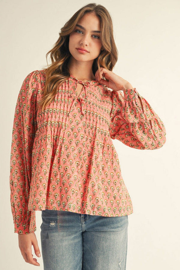 Jodifl Pintuck Detailed Self Tie Neckline Long Sleeve Floral Print Blouse Top
