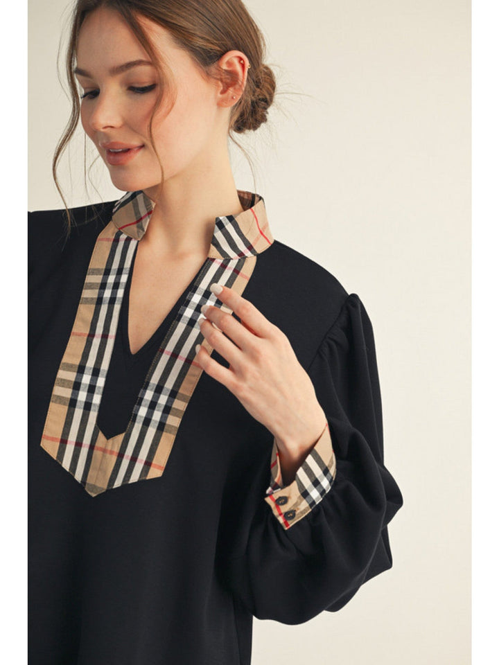 Jodifl Plaid Contrast Accent Long Puff Sleeve Top