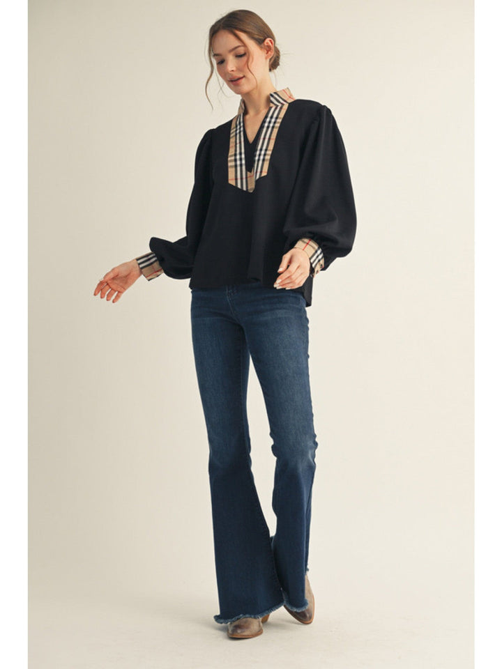 Jodifl Plaid Contrast Accent Long Puff Sleeve Top