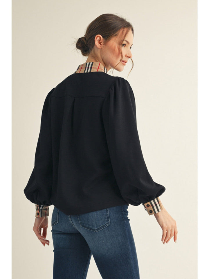 Jodifl Plaid Contrast Accent Long Puff Sleeve Top