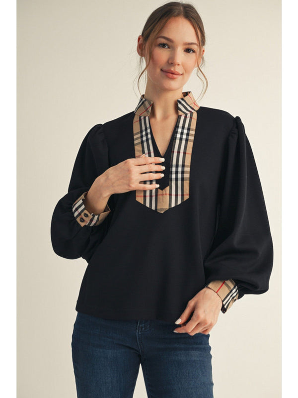 Jodifl Plaid Contrast Accent Long Puff Sleeve Top