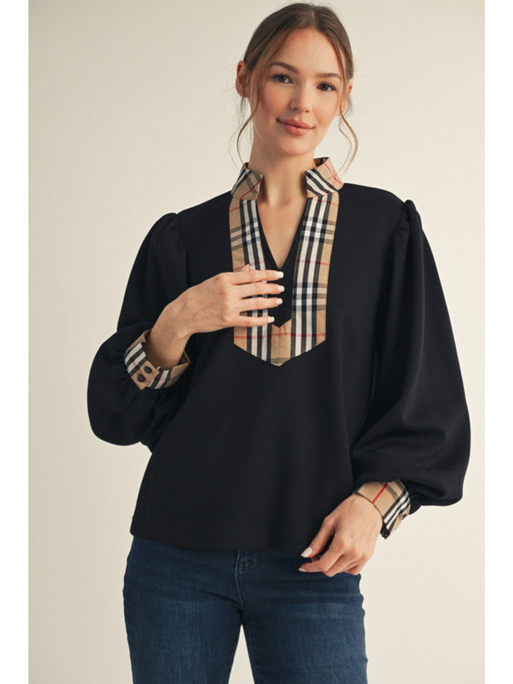 Jodifl Plaid Contrast Accent Long Puff Sleeve Top