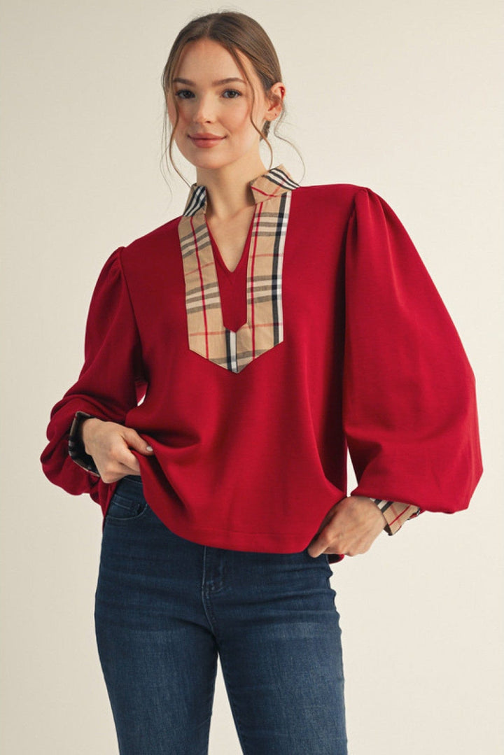 Jodifl Plaid Contrast Accent Long Puff Sleeve Top