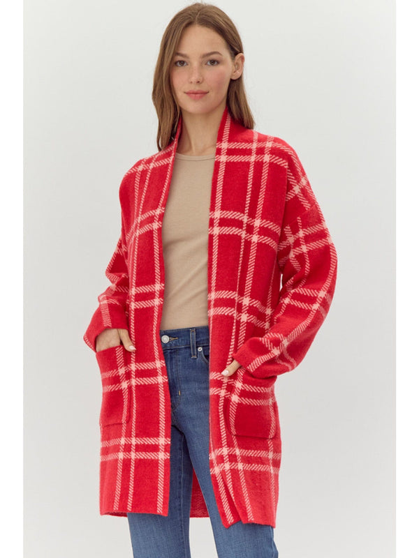 Jodifl Plaid Front Pocket Long Sleeve Knit Cardigan