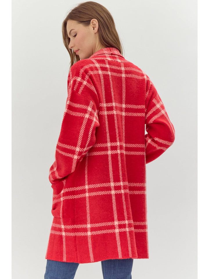 Jodifl Plaid Front Pocket Long Sleeve Knit Cardigan