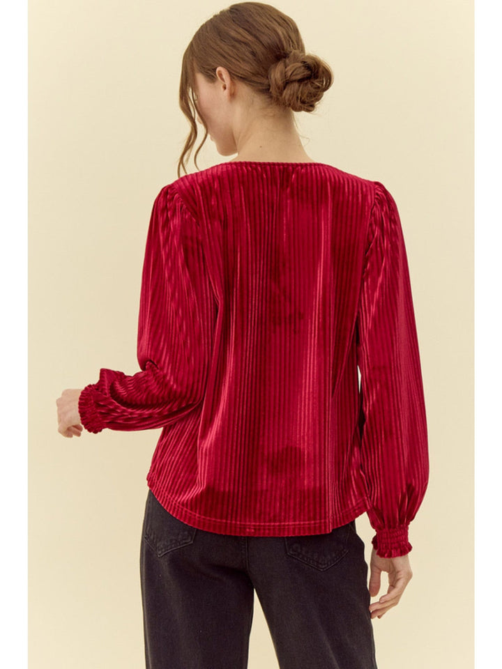 Jodifl Pleated Velvet V-Neck Long Peasant Sleeve Top