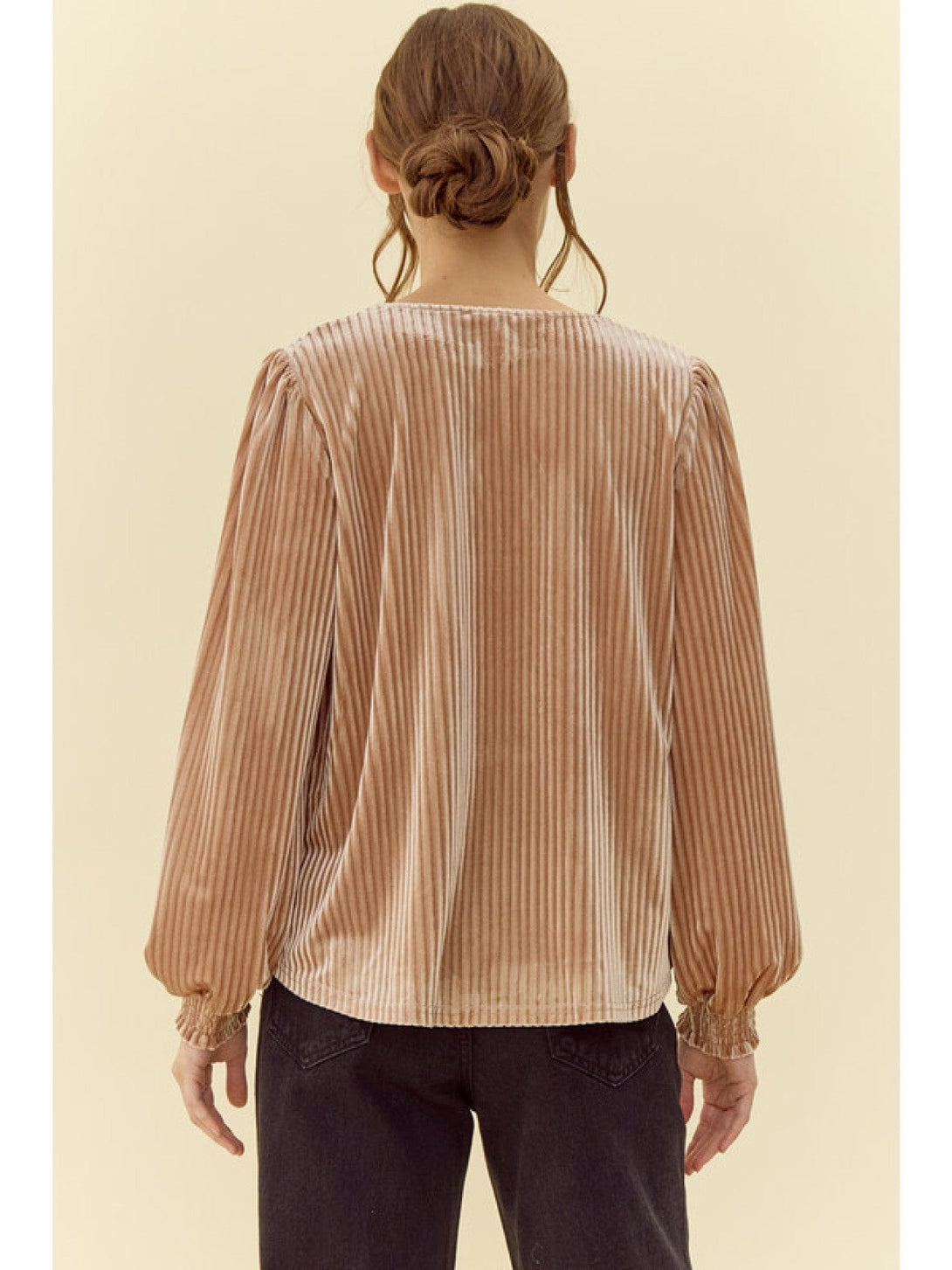 Jodifl Pleated Velvet V-Neck Long Peasant Sleeve Top