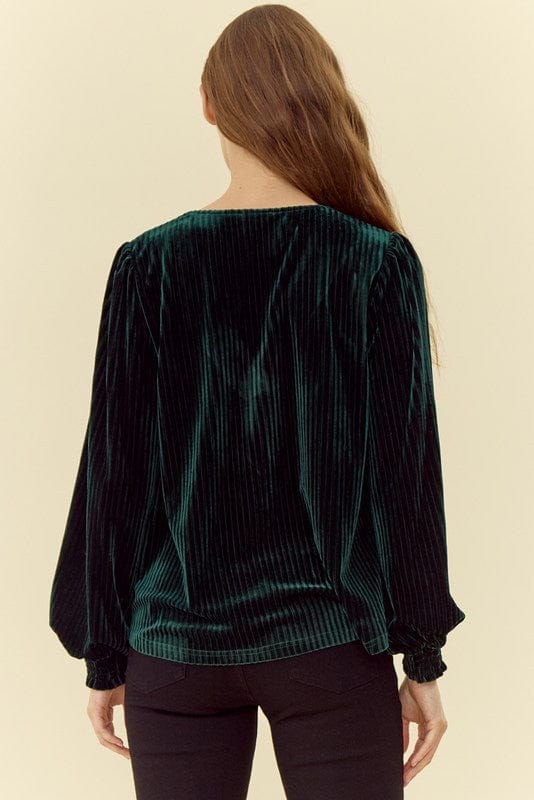 Jodifl Pleated Velvet V-Neck Long Peasant Sleeve Top