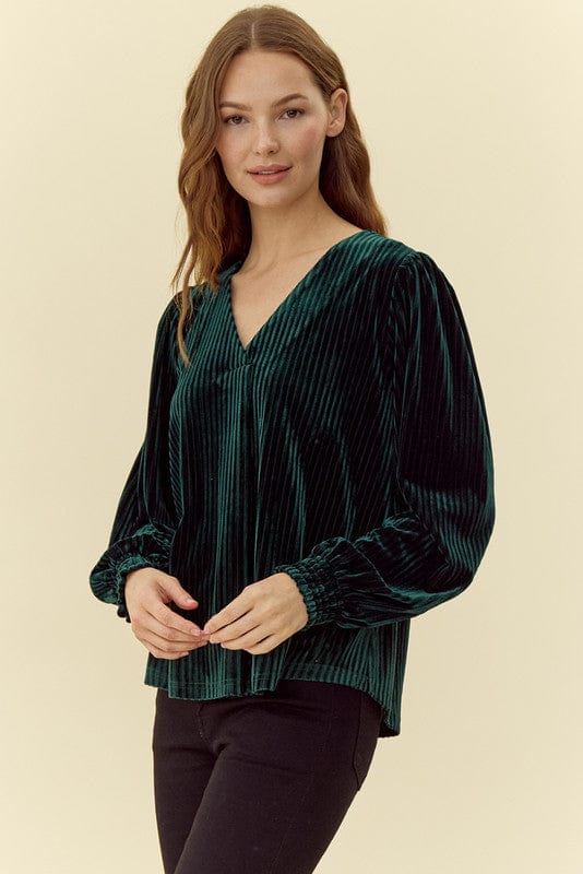 Jodifl Pleated Velvet V-Neck Long Peasant Sleeve Top