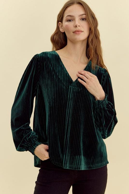 Jodifl Pleated Velvet V-Neck Long Peasant Sleeve Top