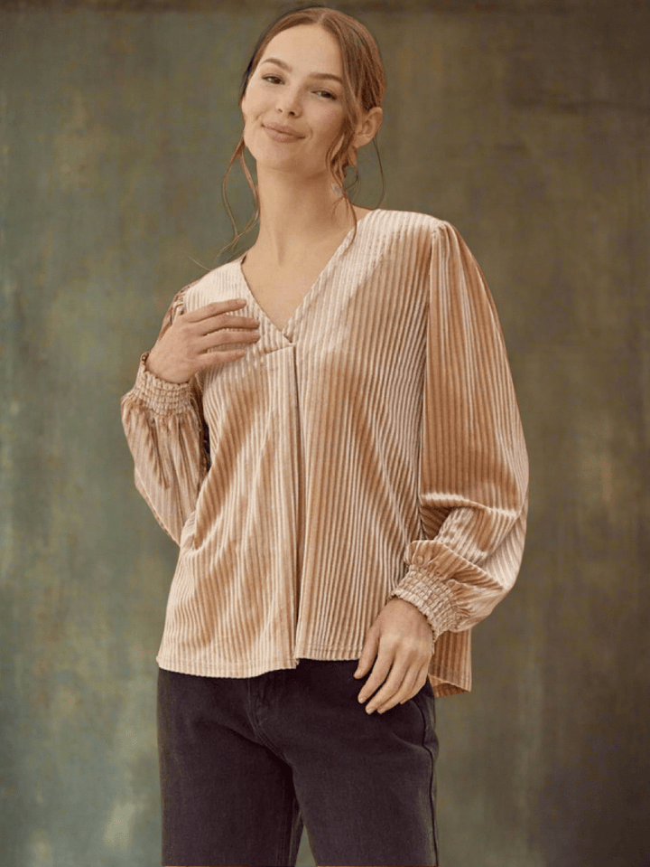 Jodifl Pleated Velvet V-Neck Long Peasant Sleeve Top