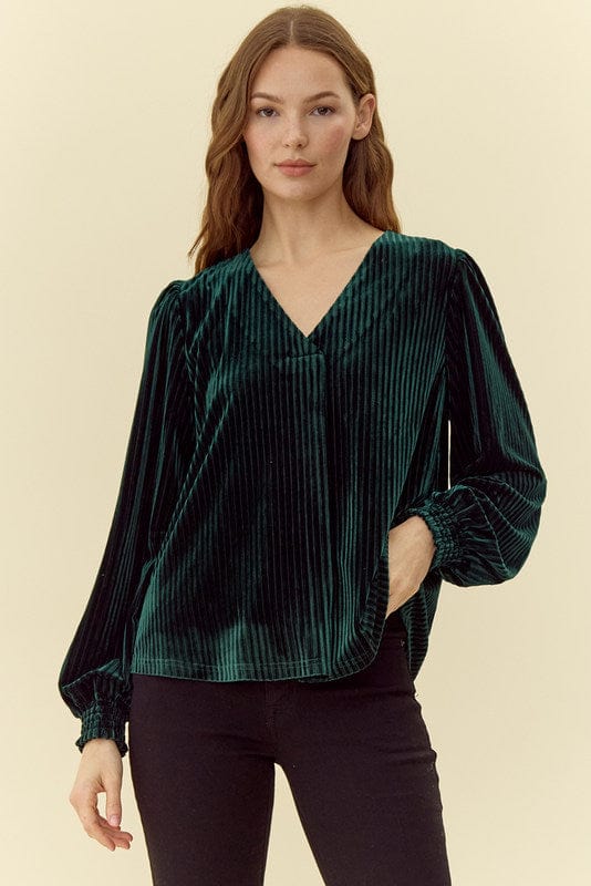 Jodifl Pleated Velvet V-Neck Long Peasant Sleeve Top