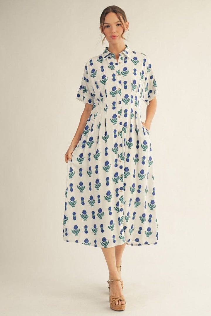 pleated button print dress Natalie Martin Sammie Floral Pleated Button-Front Maxi Dress Size Large