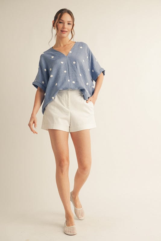 Jodifl Polka Dot Embroidered V-Neck Dolman Sleeve Lightweight Blouse Top