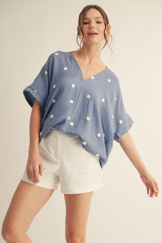 Jodifl Polka Dot Embroidered V-Neck Dolman Sleeve Lightweight Blouse Top
