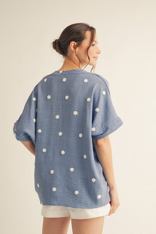 Jodifl Polka Dot Embroidered V-Neck Dolman Sleeve Lightweight Blouse Top