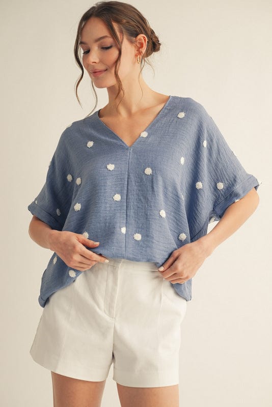 Jodifl Polka Dot Embroidered V-Neck Dolman Sleeve Lightweight Blouse Top