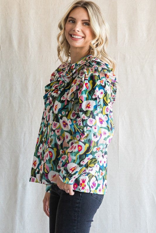 Jodifl Print Top with U-Neck, Wide Layer Ruffled Shoulder, Long Bubble Sleeves, and Band Cuffs