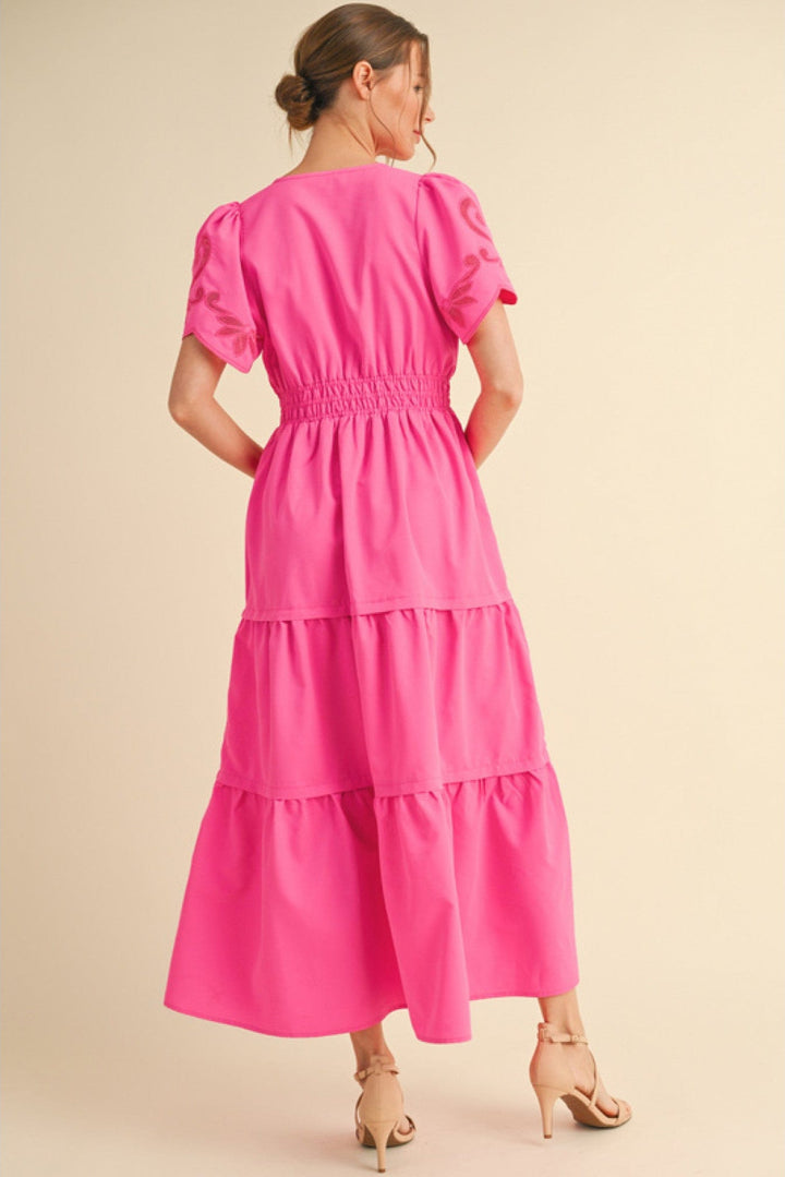 Jodifl Puff Short Sleeve Smocked Waistline Slit Neckline Tiered Maxi Dress