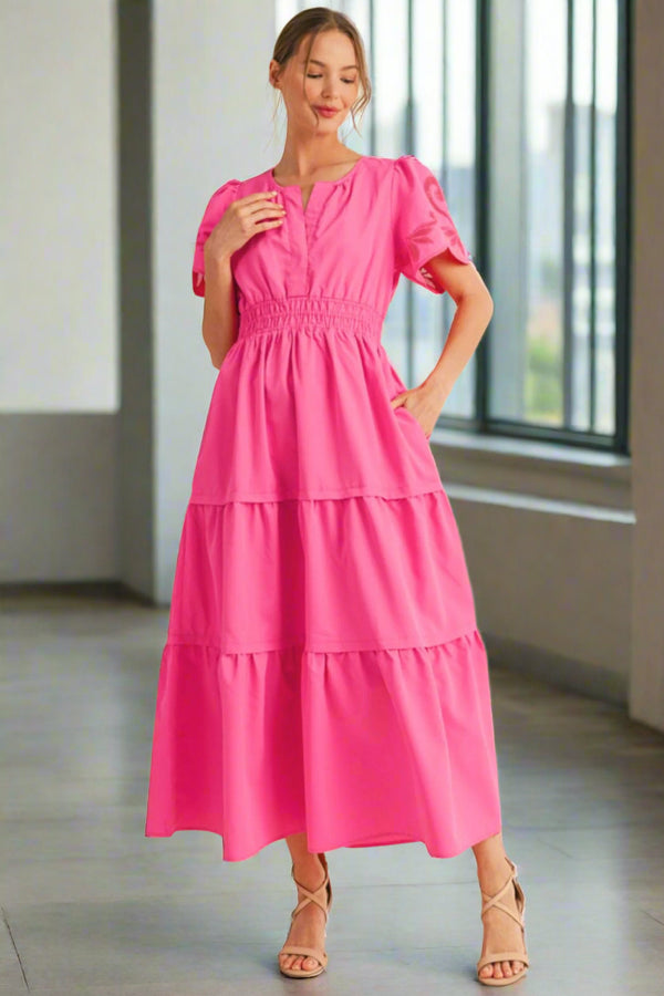 Jodifl Puff Short Sleeve Smocked Waistline Slit Neckline Tiered Maxi Dress
