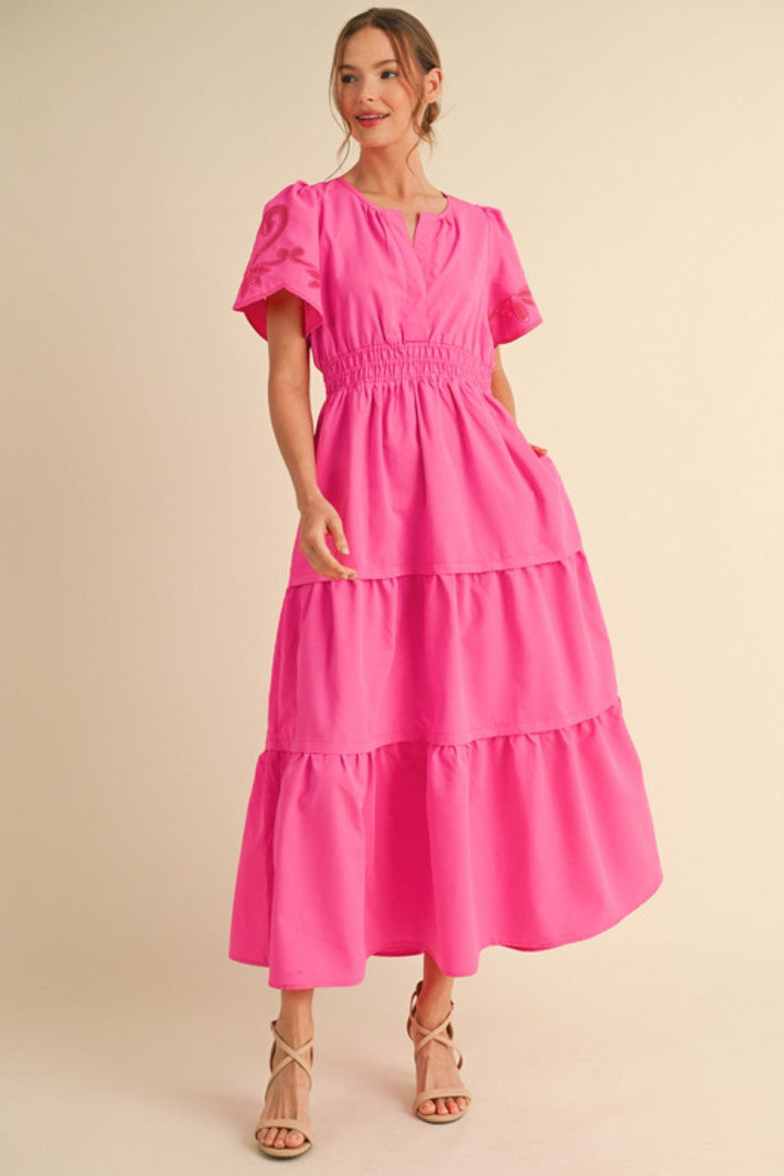 Jodifl Puff Short Sleeve Smocked Waistline Slit Neckline Tiered Maxi Dress