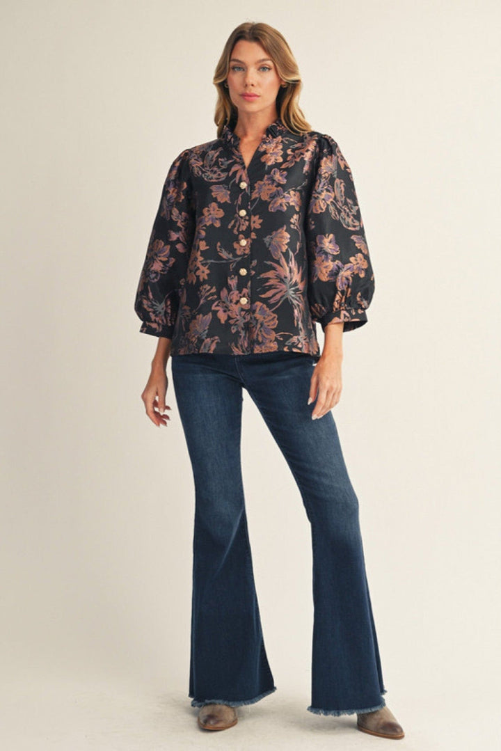 Jodifl Puff Sleeve Button Down Floral Jacquard Top