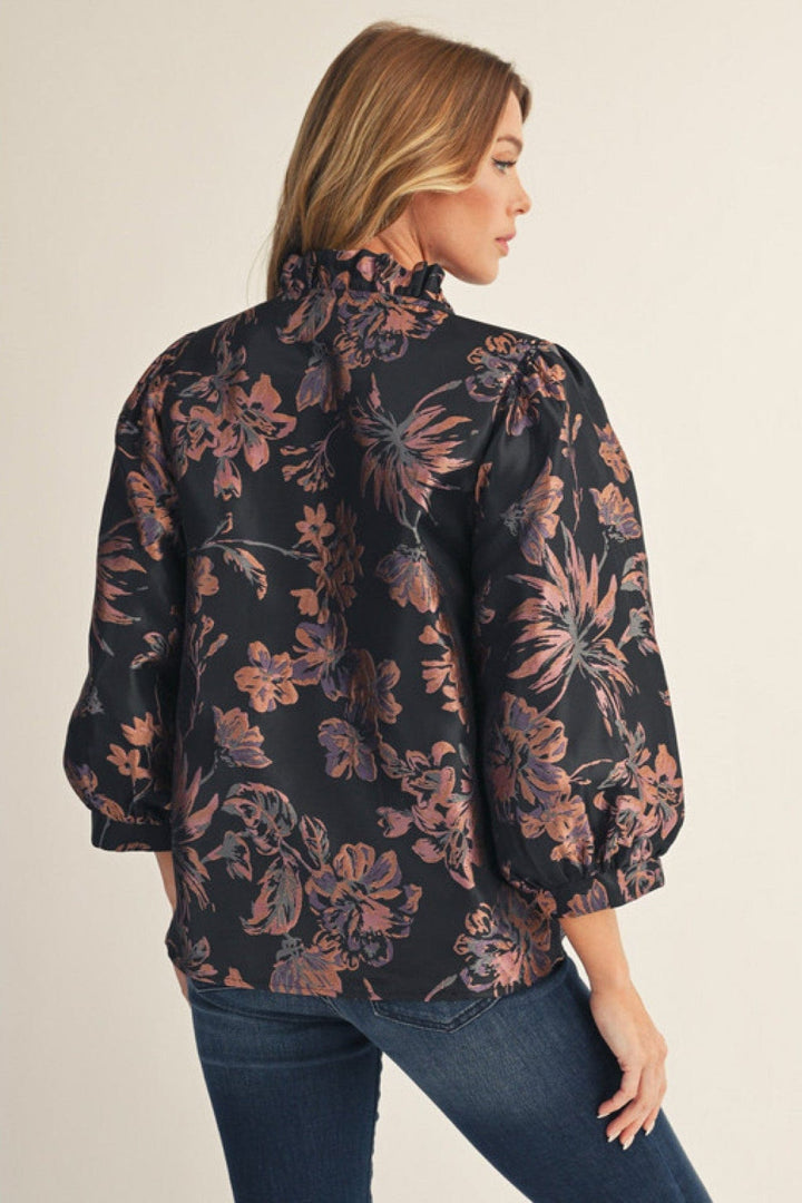 Jodifl Puff Sleeve Button Down Floral Jacquard Top