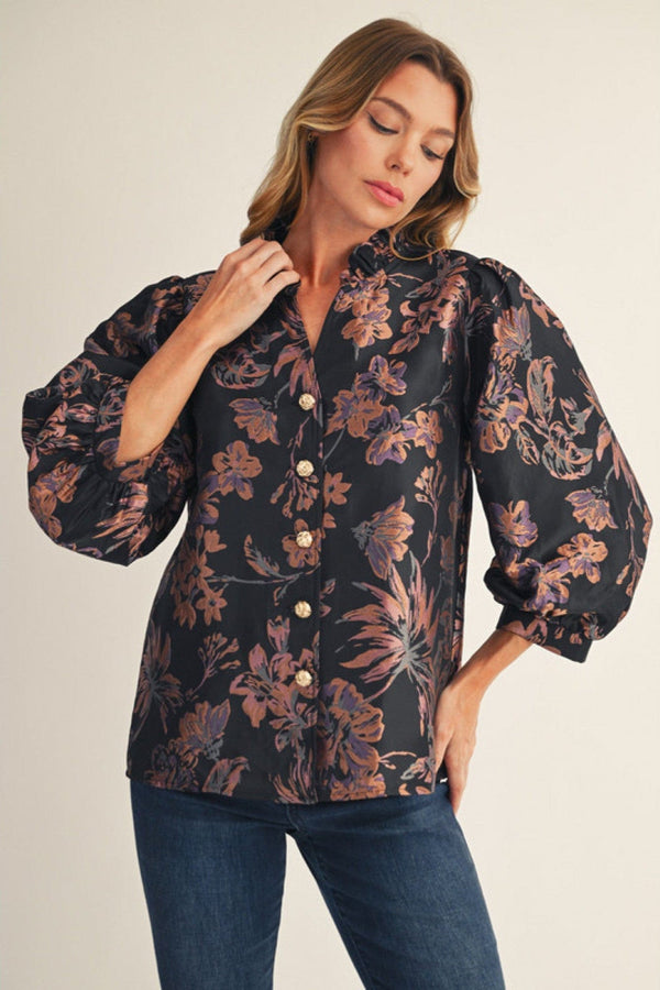 Jodifl Puff Sleeve Button Down Floral Jacquard Top