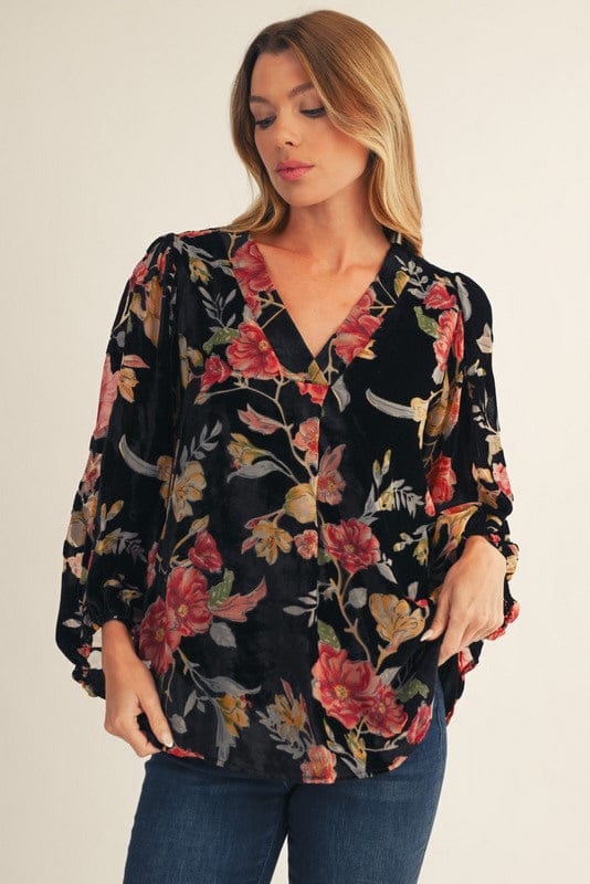 Jodifl Puff Sleeve Flowy Floral Print V-Neck Blouse