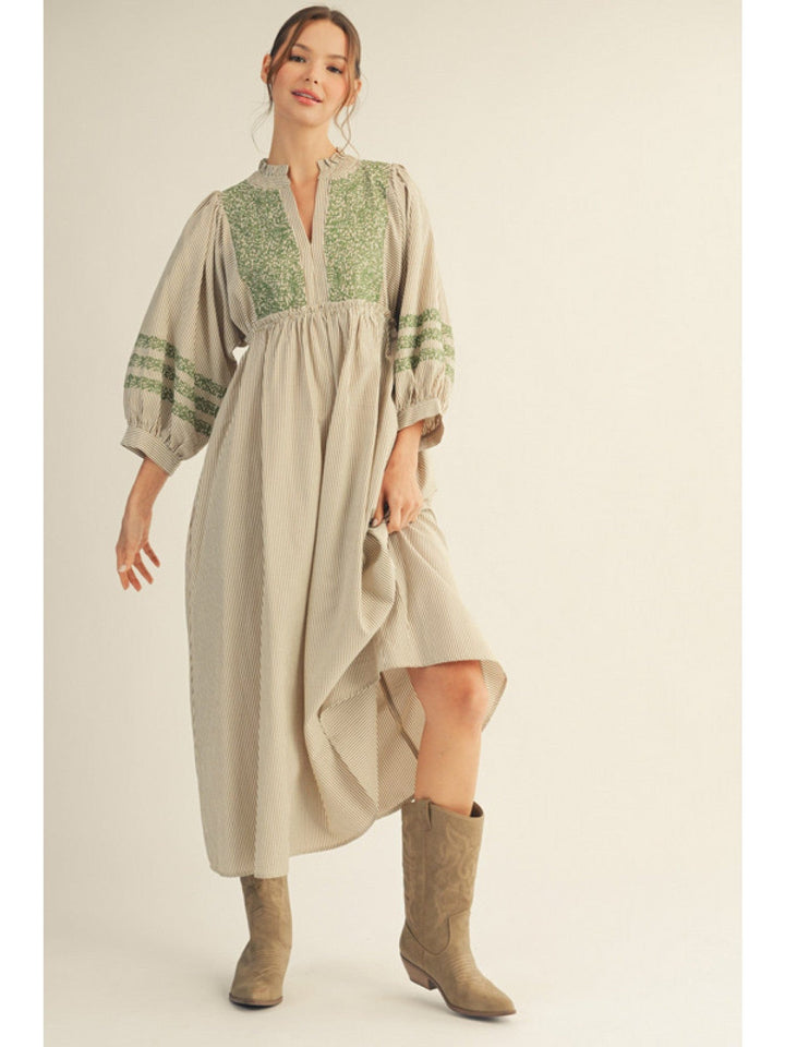 Jodifl Puff Sleeve Striped Midi Dress with Embroidery Details