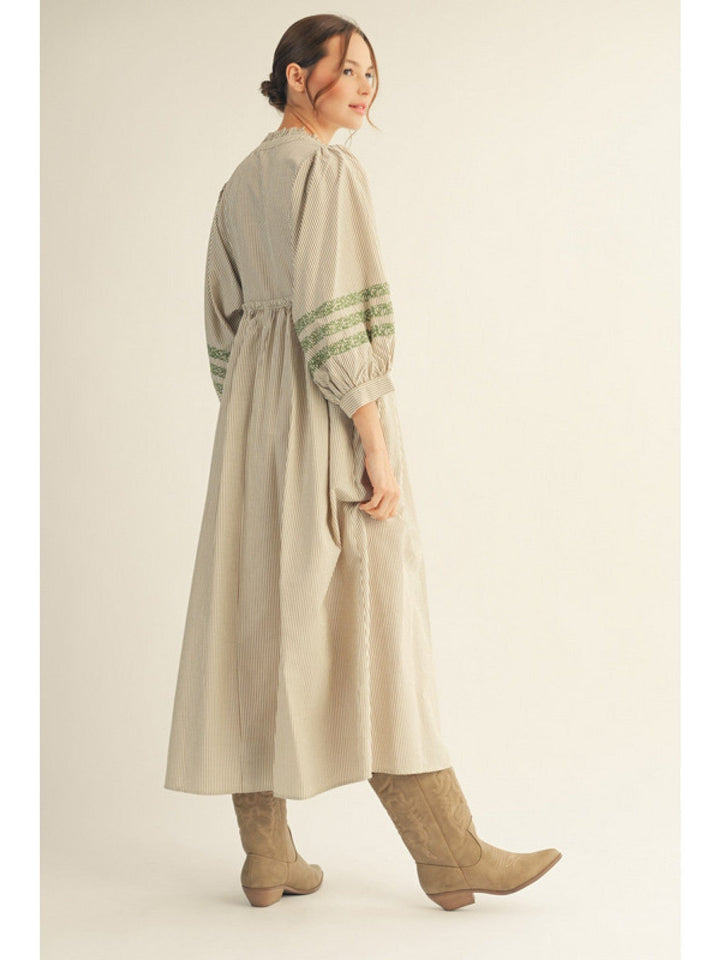 Jodifl Puff Sleeve Striped Midi Dress with Embroidery Details