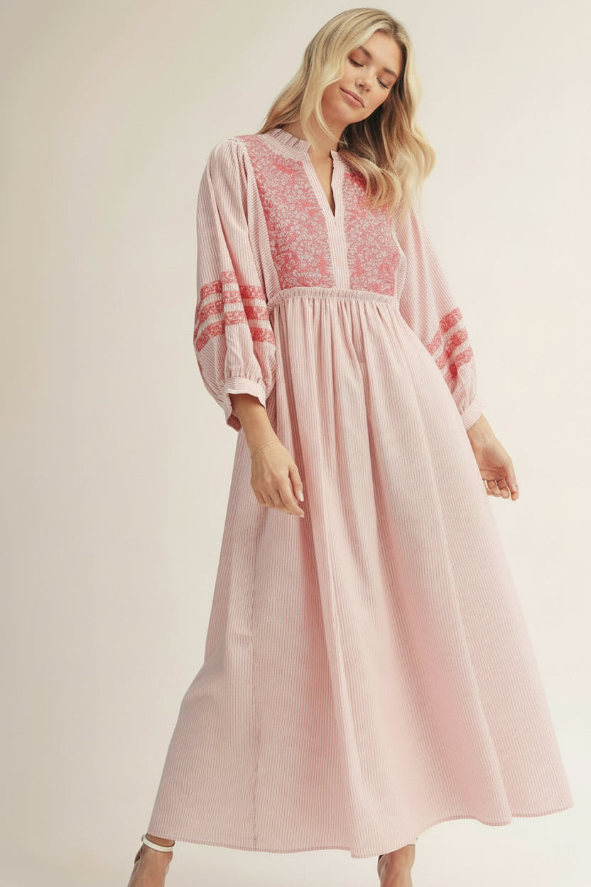 jodifl pink dress Jodifl Puff Sleeve Striped Midi Dress with Embroidery Details jfybrand