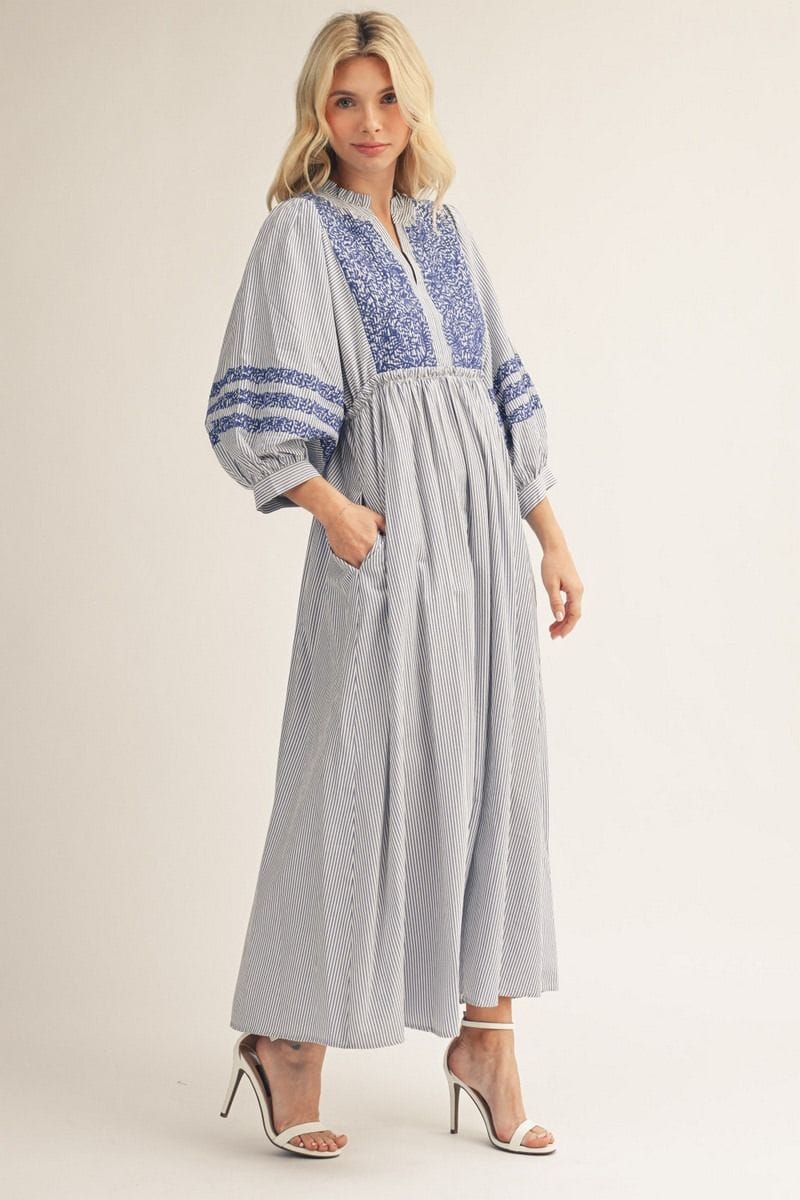Jodifl Puff Sleeve Striped Midi Dress with Embroidery Details