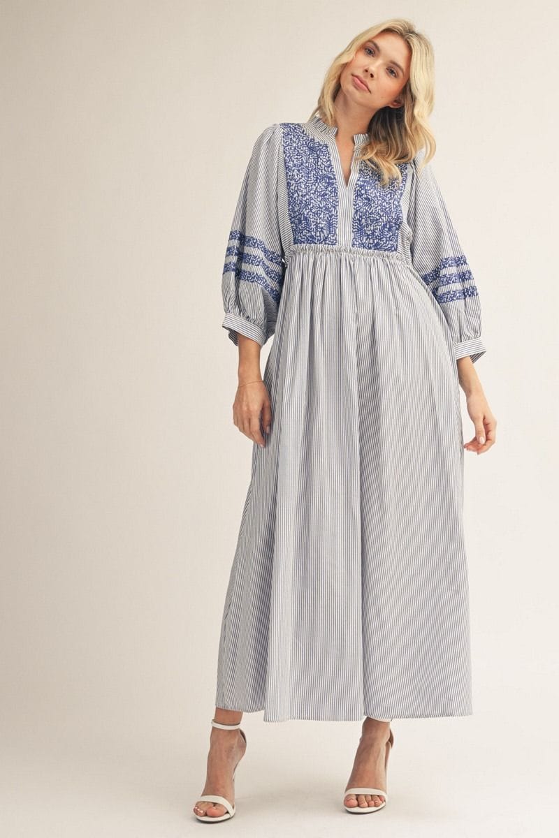 Jodifl Puff Sleeve Striped Midi Dress with Embroidery Details
