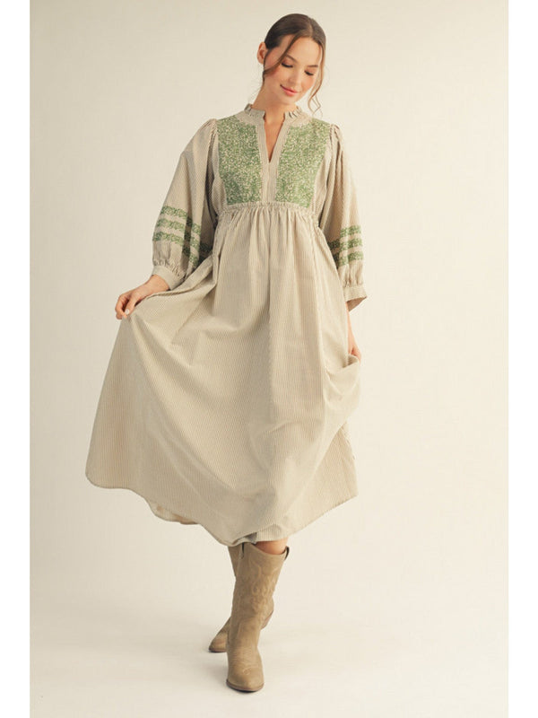 Jodifl Puff Sleeve Striped Midi Dress with Embroidery Details