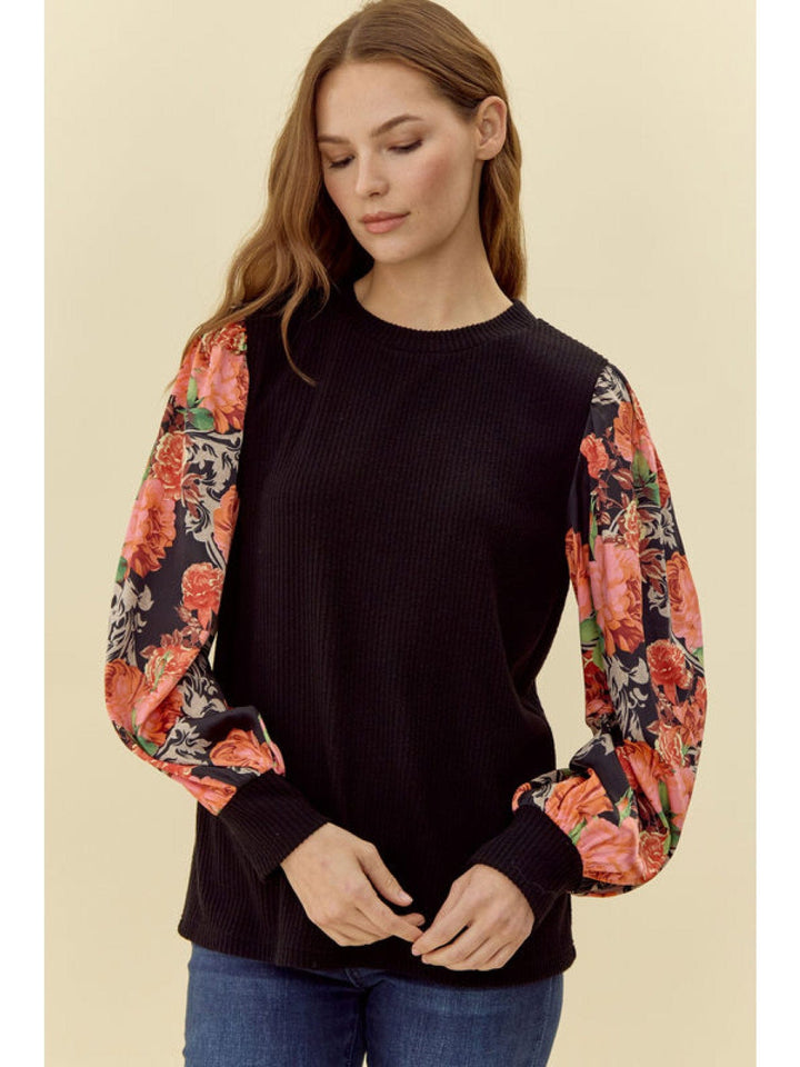 Jodifl Ribbed U-Neck Top with Flower Print Peasant Sleeves