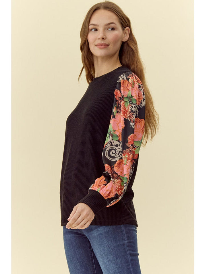 Jodifl Ribbed U-Neck Top with Flower Print Peasant Sleeves