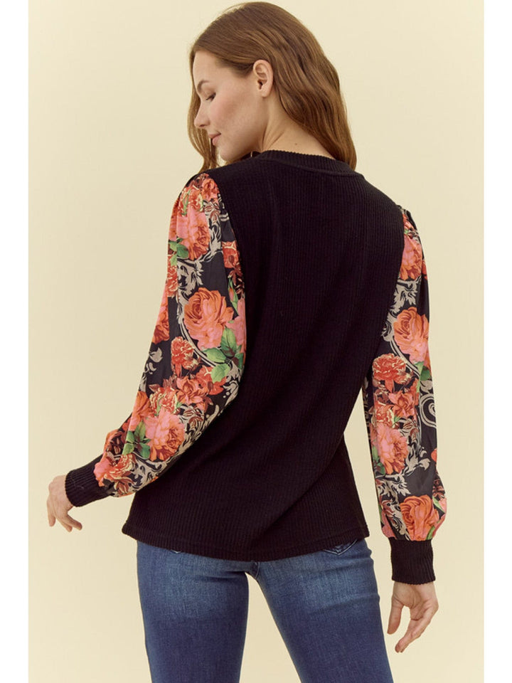 Jodifl Ribbed U-Neck Top with Flower Print Peasant Sleeves