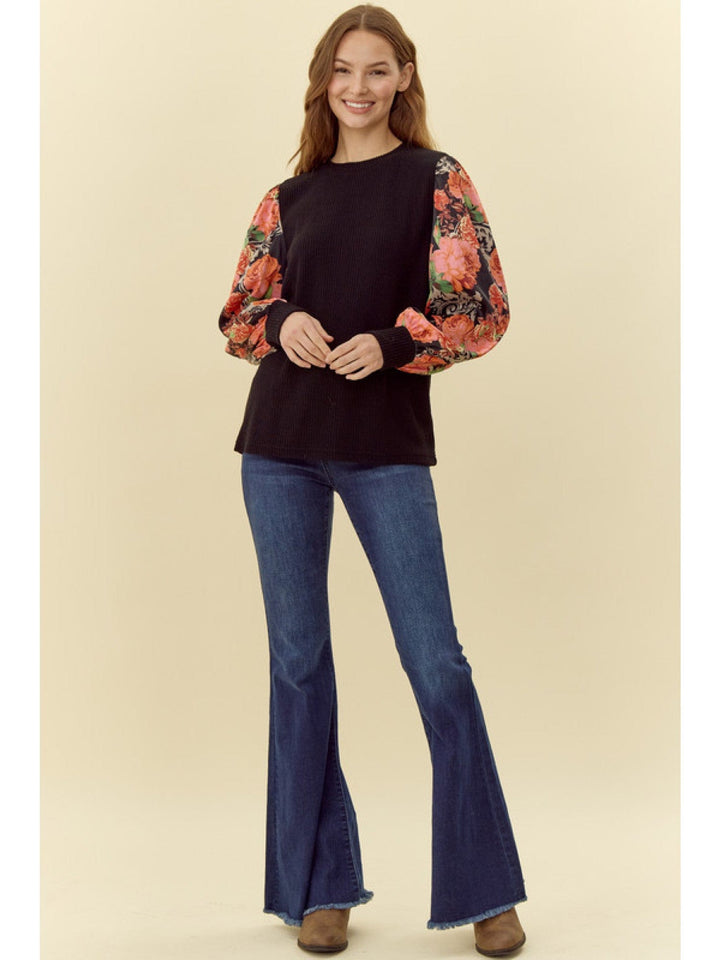 Jodifl Ribbed U-Neck Top with Flower Print Peasant Sleeves