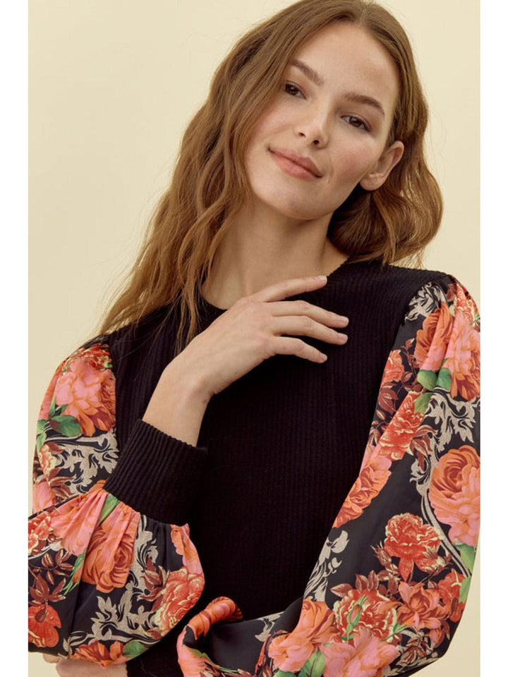 Jodifl Ribbed U-Neck Top with Flower Print Peasant Sleeves