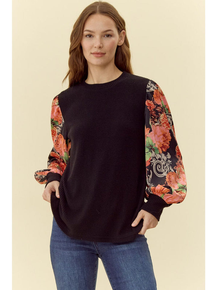 Jodifl Ribbed U-Neck Top with Flower Print Peasant Sleeves