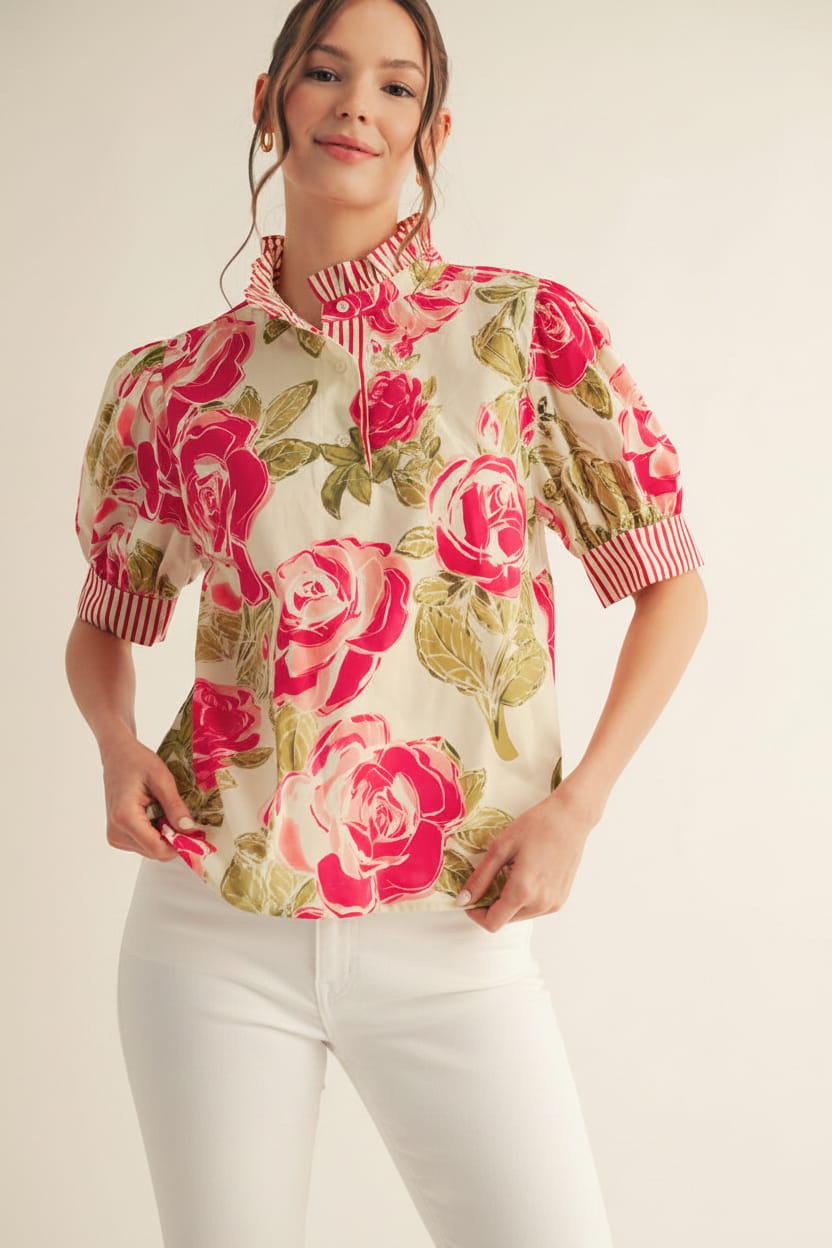 Jodifl Rose Print Short Puff Sleeve Blouse with Striped Trim