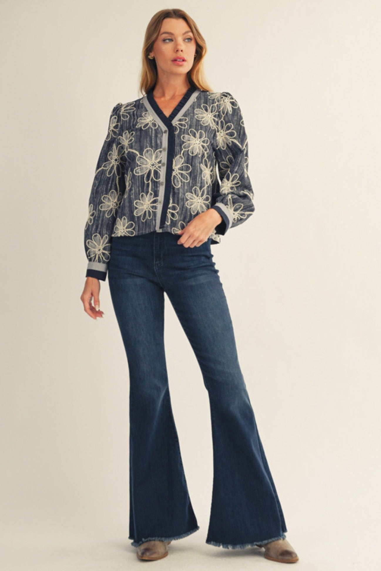 Jodifl Ruffle Edge Button Down Floral Embroidery Top – jfybrand