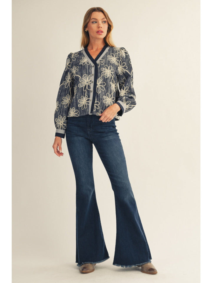 Jodifl Ruffle Edge Button Down Floral Embroidery Top