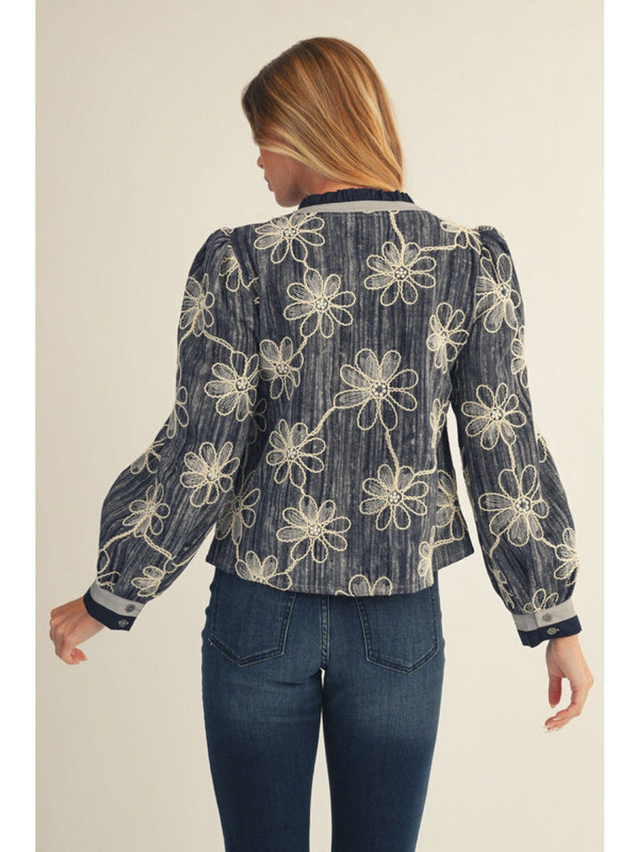 Jodifl Ruffle Edge Button Down Floral Embroidery Top