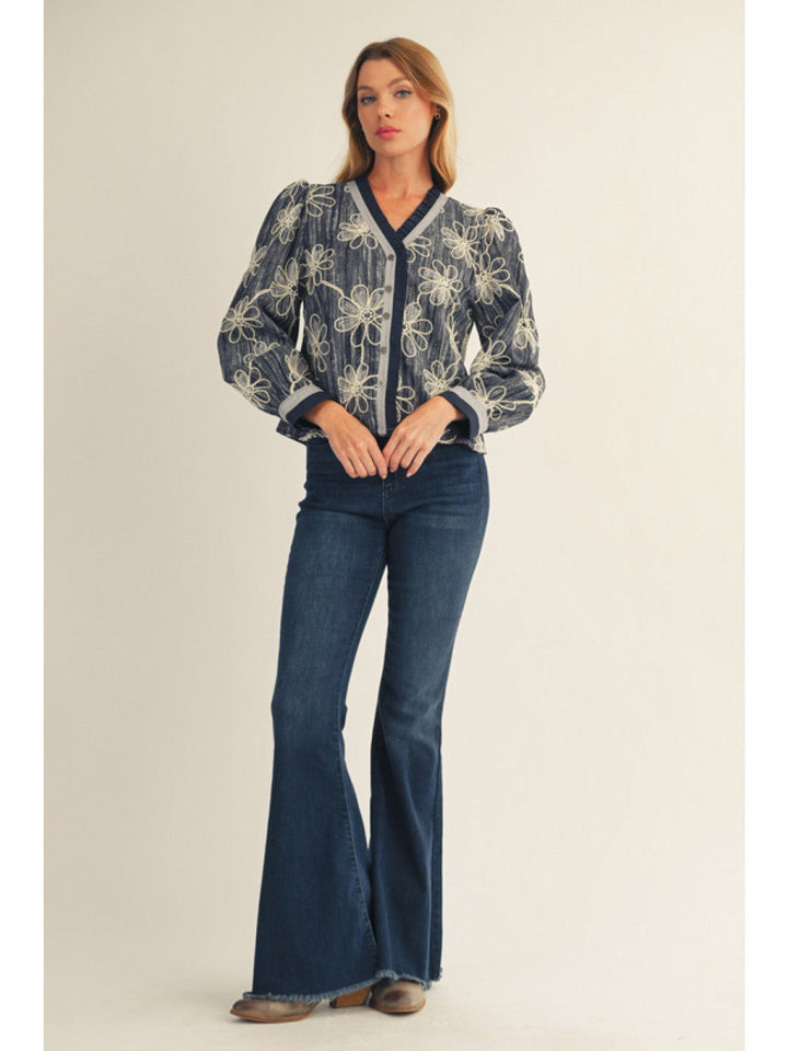 Jodifl Ruffle Edge Button Down Floral Embroidery Top