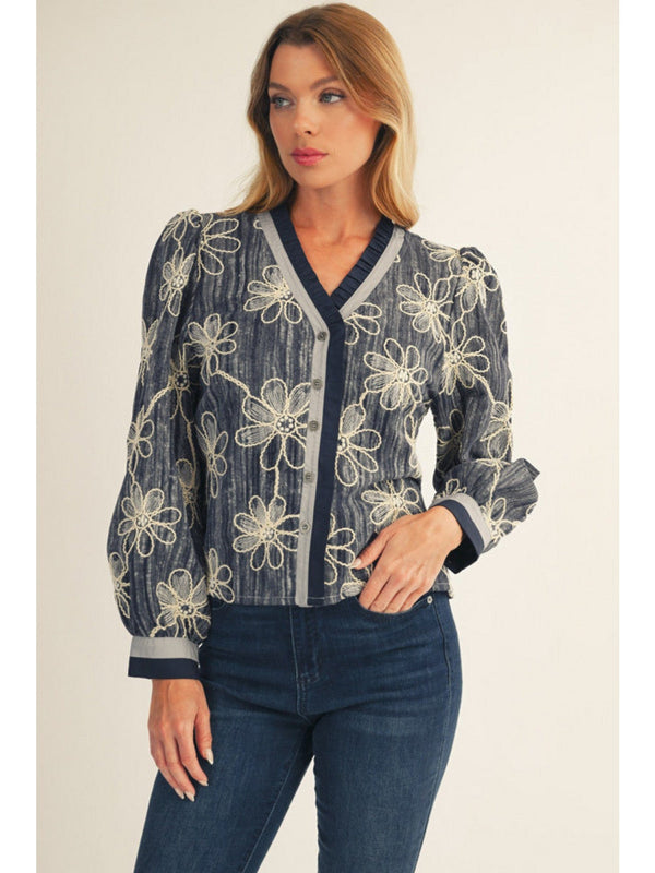 Jodifl Ruffle Edge Button Down Floral Embroidery Top