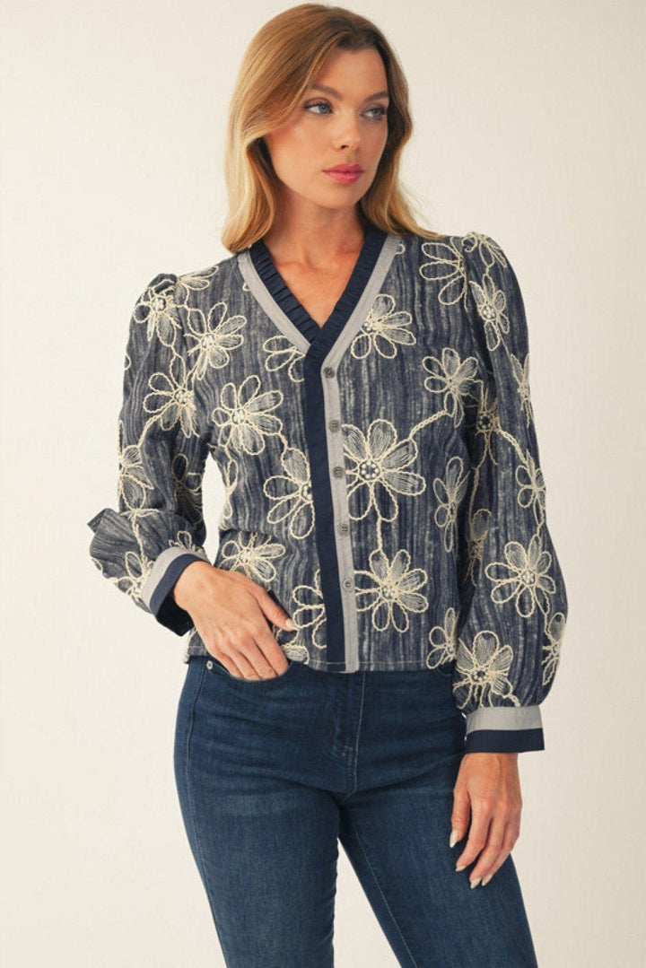 Jodifl Ruffle Edge Button Down Floral Embroidery Top