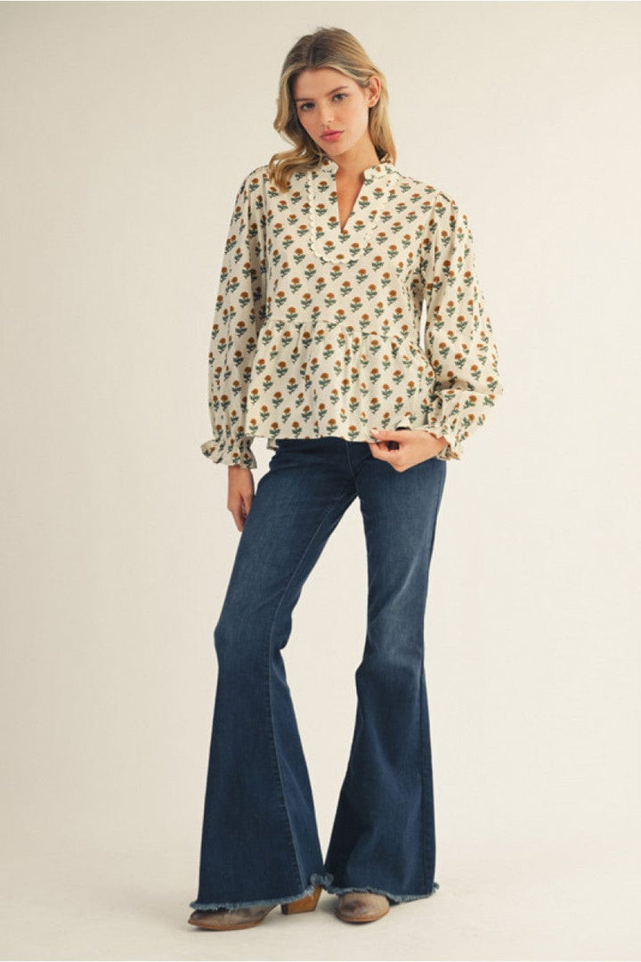 Jodifl Ruffled Long Sleeve Floral Peplum Top