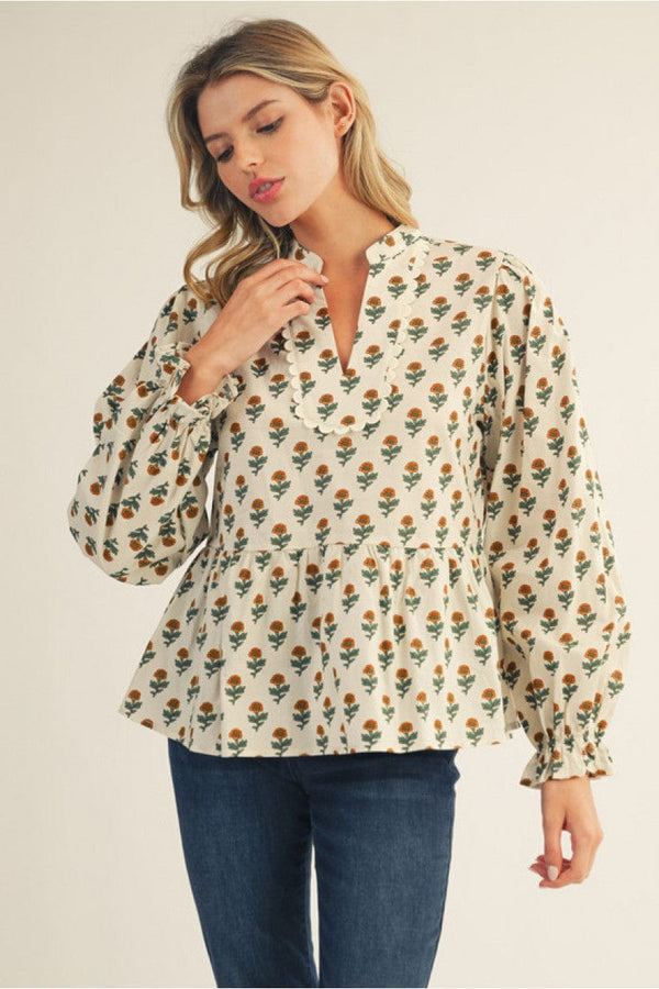 Jodifl Ruffled Long Sleeve Floral Peplum Top